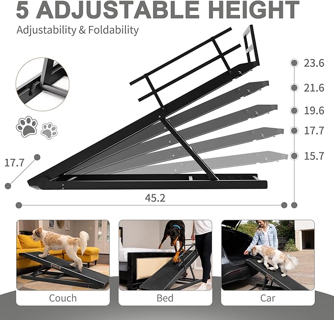 ABORON Folding Pet Ramp, 5-Level Adjustable Dog Ramp for Bed, Couch, SUV - High Traction Rubber Surface, Supports up to 200 lbs, 45.2" Long - Ideal for Small & Large Dogs & Cats,Black Finish