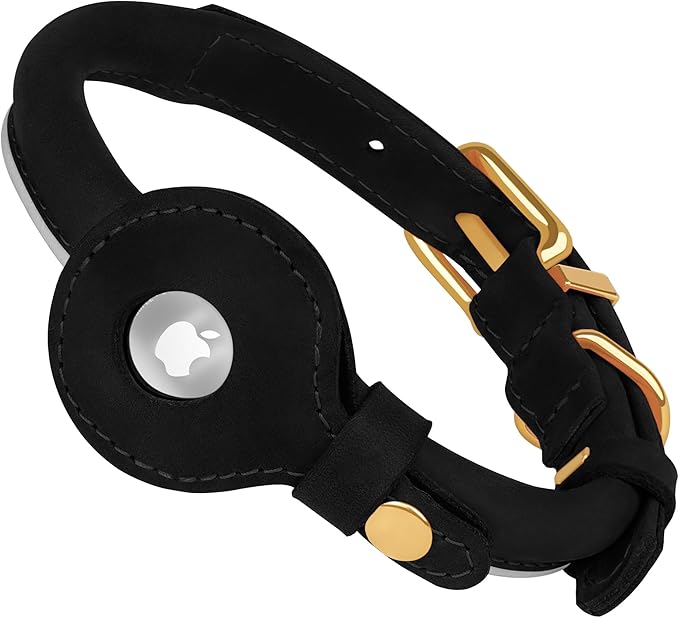 OOPSDOGGY Rolled Leather Dog Collar with Airtag Holder (Black, XS, 8"-11")
