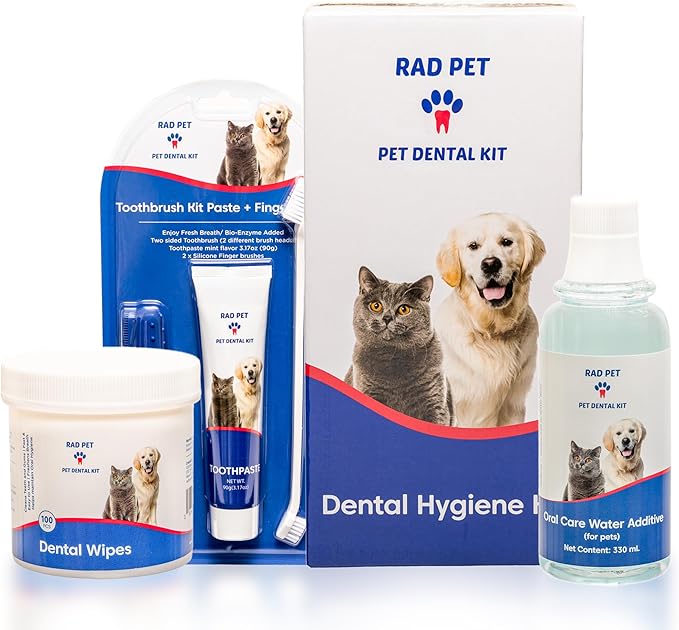 RAD PET - Advanced Pet Dental Hygiene Kit, Vet-Formulated Cat & Dog Tooth Brushing Kit, Complete Oral Care with Cat/Dog Toothbrush and Toothpaste (Enzymatic), Pet Dental Wipes & Water Additive