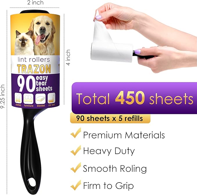 Lint Rollers Pet Hair Value Pack of 450 Sheets / 5 Refills, Sticky Roller Pet Hair, Lint Remover Dog Hair, Cat Hair, Fuzz, Animal Fur, Large Lint Removal Roller Clothe, Couch, Furniture. Stick Roller
