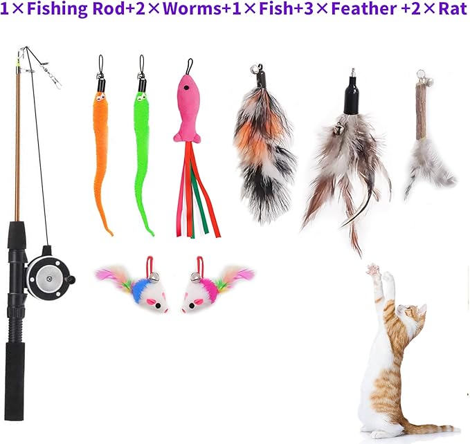 Retractable Cat Teaser Wand Toy, Cat Toys for Indoor Outdoor Cats Interactive Fishing Rod with 8 Pcs Refills Feather Toy, Plush Mouse Caterpillar & Fish