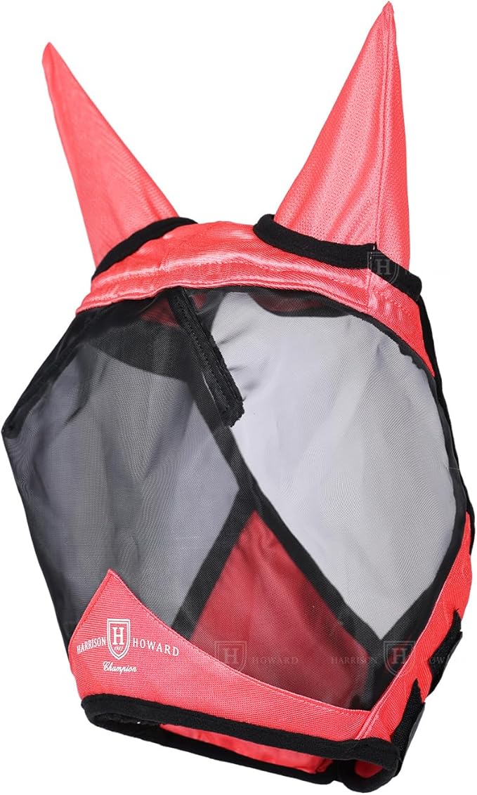 Harrison Howard Pro Luminous Horse Half Face Fly Mask Large Eye Space with Ears UV Protection for Horse Coral Orange L