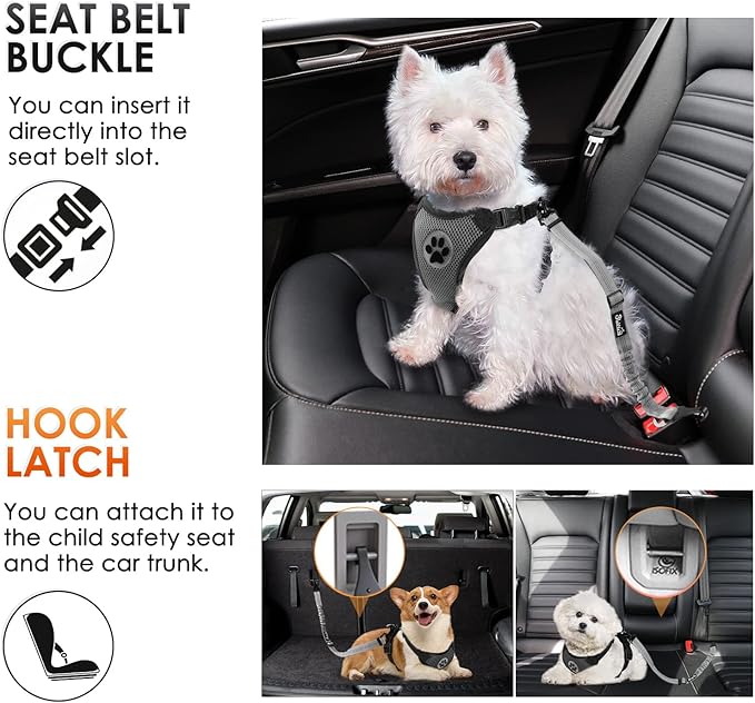 SlowTon 2 Pack Dog Seat Belt, 2 in 1 Attachment, Hook Latch Bar or Seatbelt Buckle with Elastic Nylon Bungee Buffer Adjustable Reflective Nylon Safety Belt Tether Connect to Dog Harness (2pack-GY)