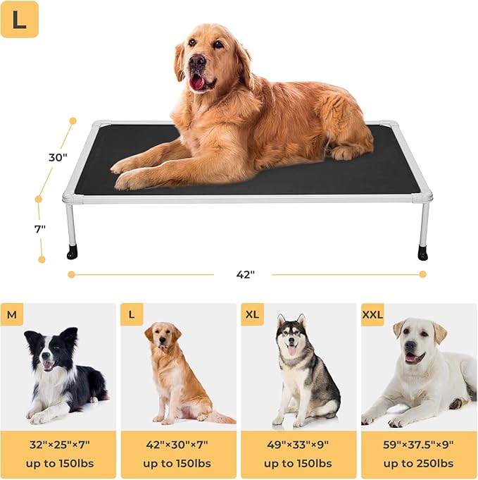 Veehoo Chewproof Elevated Dog Bed - Cooling Raised Pet Cot, Breathable Mesh, Washable & Non-Slip for Large Dogs, Indoor/Outdoor, Black Mat and Silver Metal Frame, 42x30inches (Model CWC2203B03)