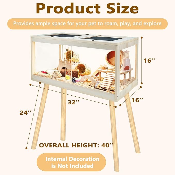 Hamster Cage Chewproof, Mice and Rat Habitat with Transparent Sides, Hamster Cage with Openable Mesh Top, Solid Built with Lock Design and Leg Stand, 32" Wide