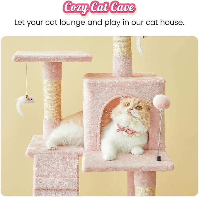 MWPO 63.8-Inch Pink Cat Tree for Indoor Cats, Multi-Level Cat Tower with Sisal-Covered Scratching Posts, Padded Platform, Hammock, Dangling Toys, Stable Cat Condo Pet Play House