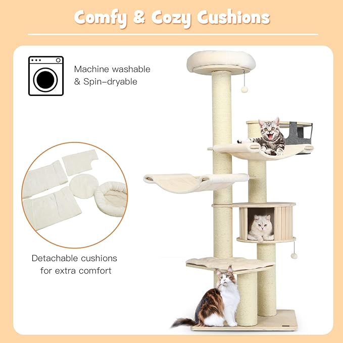 PETSITE 77.5" Tall Cat Tree, Multi-Level Modern Cat Tower with Sisal Scratching Posts, Top Perch, Cat Condo, Hammocks, Hanging Basket, and Jingling Balls, Cat Tree Tower for Indoor Cats Large Adult