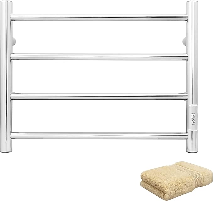 KEG Towel Warmer Wall Mounted with Built-in Timer 4 Bars Electric Stainless Steel Heated Towel Racks for Bathroom, Hot Plug-in Bath Towel Heater Brushed Nickel