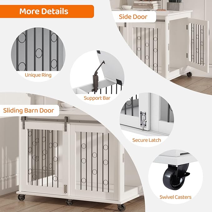 IchbinGo Large Dog Crate Furniture with Sliding Barn Door, 43.7" Wooden Dog Kennel End Table with Wheels and Flip-top Plate Dog House with Detachable Divider for Small/Medium/Large Dog (White)
