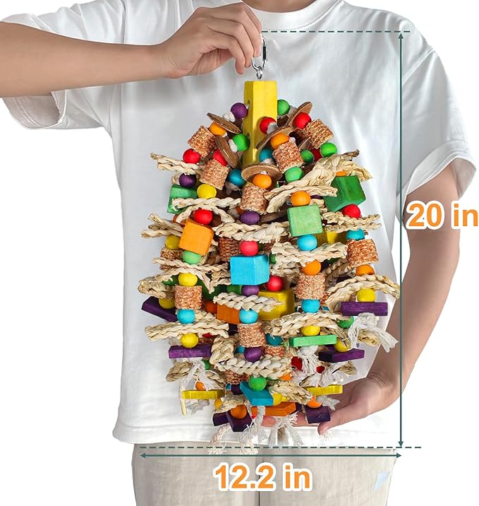 Medium Large Parrot Toys 20in Chewable Bird Toy with Coconut Shell, Poplar Wood, Corn Cob, 112 Schima Wood Beads Bird Shredding Toys Parakeet Macaw Cockatiel Conure African Grey Parrot Gifts