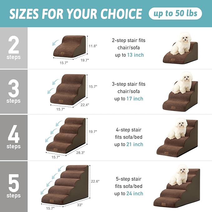 Dog Stairs for Small Dogs 19.7" H, Curved Dog Step for Puppy, Older or Cat, Medium Pet Ramp for Sofa, Couch or Bed, Ladder with High Density Foam, 15.7x28.3x19.7 inch, 4 Step, Brown