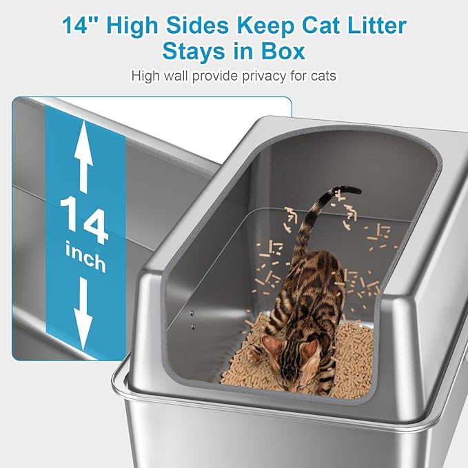14'' High Sides XXL All Stainless Steel Cat Litter Box with Lid,XL Deep Metal Litter Box for Big Cats,Extra Large Litter Boxes with High Wall Enclosure,Anti-Leakage,Never Absorbs Odors,Non-Sticky