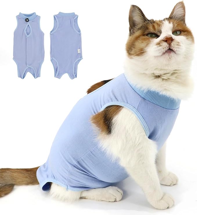 Cat Recovery Suit, Surgical Recovery Clothes for Abdominal Wound or Skin Disease, Cats Onesie After Surgery and Spay, E-Collar Alternative Pajama Suit (Blue, Large)