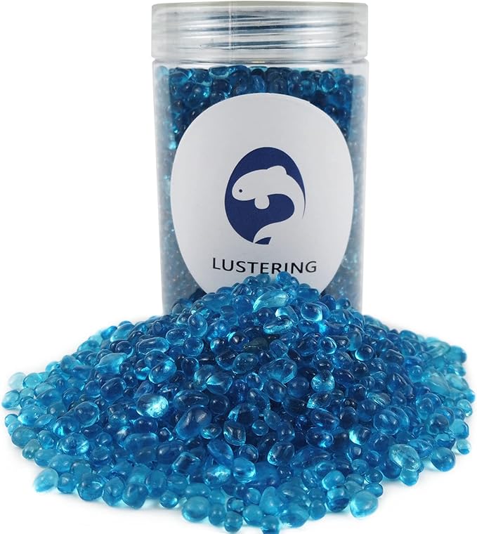 Lustering Decorative Round Flat Glass Beads,Glass Marbles,Glass Pebbles,Vase Filler Beads for Fire Pit Crafts Aquarium Garden Decoration,3-6mm,1-Pound Jar (Marine Blue)