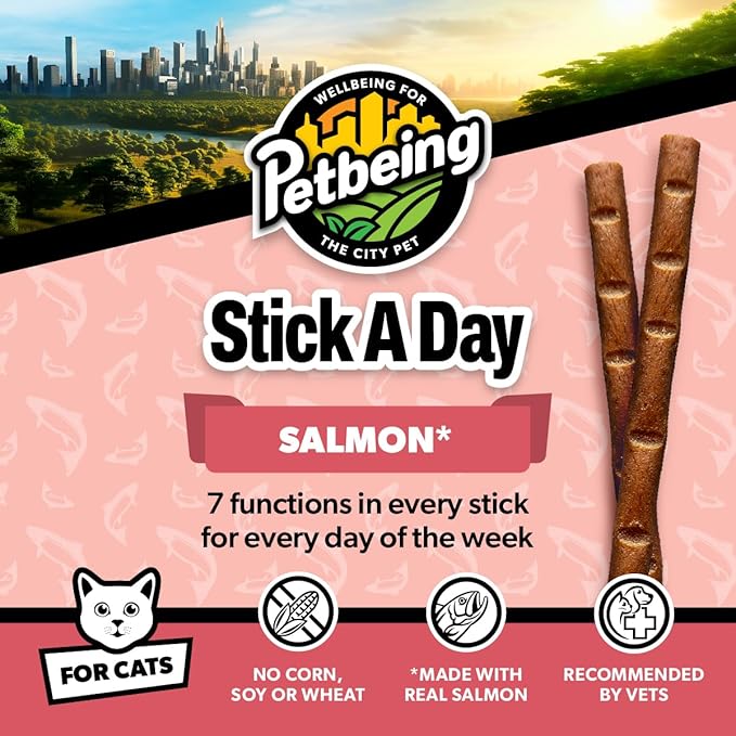 Stick a Day | Specially Formulated 7-in-1 Functions Daily Real Meat Supplement for Cats | Cat Chew Stick & Pet Vitamins Supplements Combination (7-Pack x 4, Salmon)