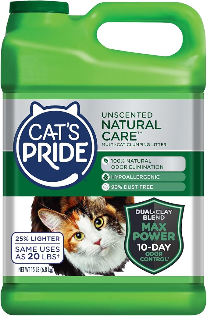 Cat's Pride Max Power: Natural Care - Up to 10 Days of Powerful Odor Control - 100% Natural Odor Elimination - Hypoallergenic - 99% Dust Free - Multi-Cat Clumping Litter, Unscented, 15 Pounds