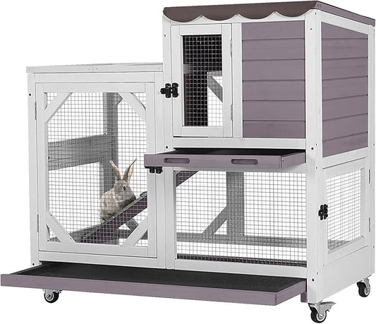 GUTINNEEN Rabbit Hutch Indoor Outdoor 2 Story Bunny House on Wheels Wood Rabbit Cage with 2 Pull Out Trays Guinea Pig Cage (Gray)