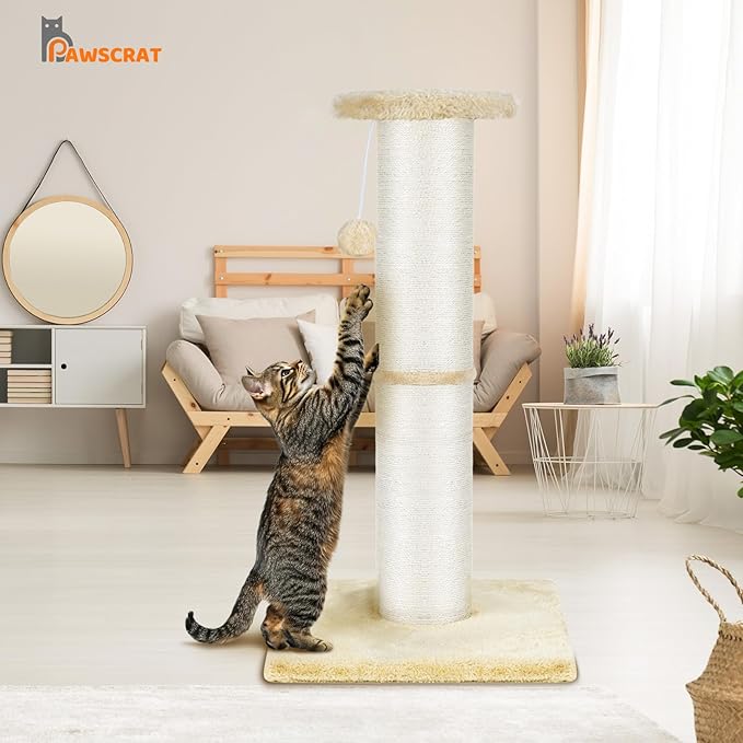 PAWSCRAT Cat Scratching Post 32" Tall, Large Diameter Natural Sisal Cat Scratch Post with Dangling Ball, Scratch-Resistant and Durable Tall Cat Scratcher for Indoor Cats, Protect Your Furniture, Beige