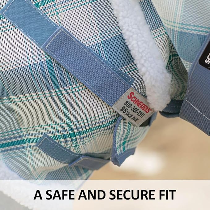 Schneiders Dura-Mesh Plaid Fly Horse Mask with Ears | Ultra-Durable 1000D Mesh | 70% UV Protection | Breathable Open Weave | Color Blue Plaid | Size Full Size