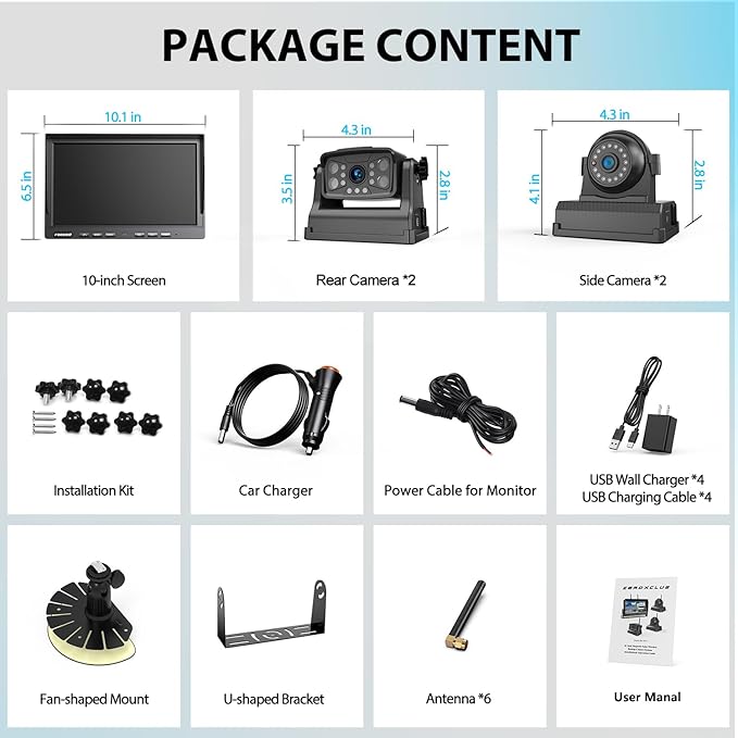 Magnetic RV Wireless Backup Camera, HD 1080P 10" Loop Recording Monitor, 2-Rear View 2-Side View Cameras Wireless System for RV Trailer Trucks, Built-in 9600mAh Battery, Night Vision- ZEROXCLUB BC104