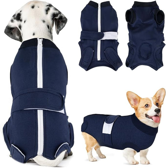 Lukovee Recovery Suit for Dogs, Zipper-On Onesie for Female Male Dog, Abdominal Wounds Cone E-Collar Alternative, Prevent Licking Spay (S, Dark Blue)