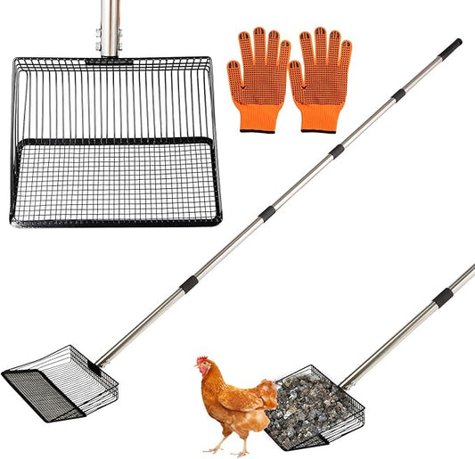 10inch Large Metal Chicken Poop Scooper, 36" to 75" Long Chicken Coop Litter Scoop with Stainless Steel Adjustable Handle, 4 in 1 Detachable Litter Sifting Shovel Scoop for Chicken Coop Accessories