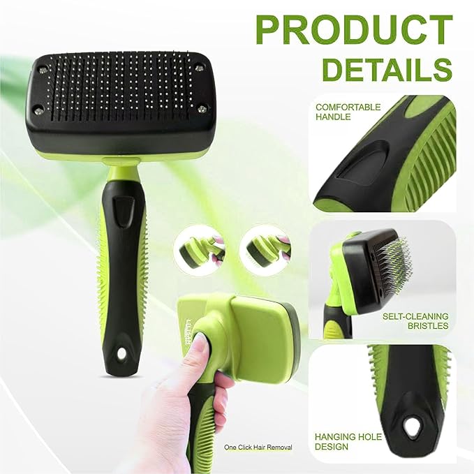 Pet Self Cleaning Slicker Brush and Grooming Comb - Gently Removes Loose Hair, Tangles, and Dirt - Skin Friendly Deshedding Grooming Tool for Hair Dogs & Cats - Pet Supplies Accessories (Green)