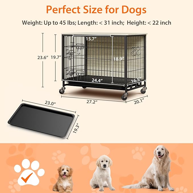 Dog Crate Furniture, 27.2" Small Dog Kennel Wooden Dog Crate with Pull-Out Tray, Double Doors, Modern End Table for Small/Medium Dogs, Rustic Brown