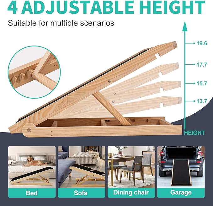 Dog Ramp, Adjustable Height Wooden Folding Pet Ramp for Bed, Couch,SUV-High Traction, Portable Paw Ramps for Small & Large Old Dogs & Cats - Furniture Quality