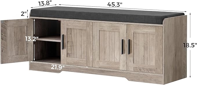 2-Tier Storage Bench, Shoe Bench with Thickened Padded Seat Cushion, Entryway Bench with 4 Doors, Adjustable Shelf, 13.8" D x 45.3" W x 18.5" H, for Entryway, Living Room, Bedroom, Greige