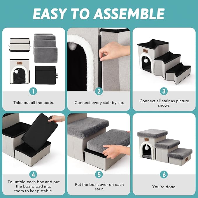 Dog Stairs for Small Dogs with Storage and Condo, 14" H Foldable Pet Stairs for Small Medium or Puppy Dogs and Older Cats, Dog Steps for Bed or Couch, 13x27x14 inch, 3 Tiers, Grey