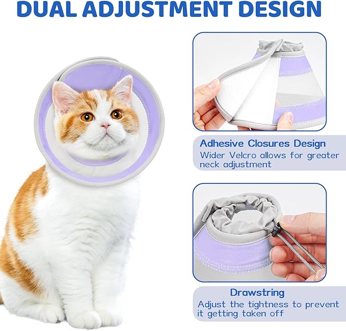 Breathable Air Mesh Cat Cone Collar Soft to Stop Licking, Adjustable, Foldable Lightweight Kitten Cones After Surgery Recovery for Cats & Kittens (Light Purple, S)
