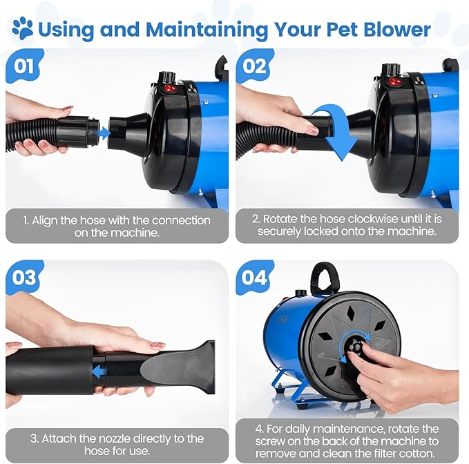 Dog Dryer, 5.2HP/3800W High Velocity Dog Hair Dryer with 4 Nozzles, Stepless Adjustable Speed & Temperature Control, Low Noise Professional Dog Grooming Dryer (Blue)