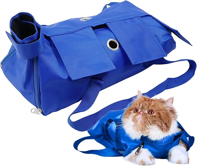Kukaster Pet Cat’s Restraint Bag for Claw Care Nail Trimming Anti-Scratching Grooming Bag for Cats Medical Examination(Blue-m)