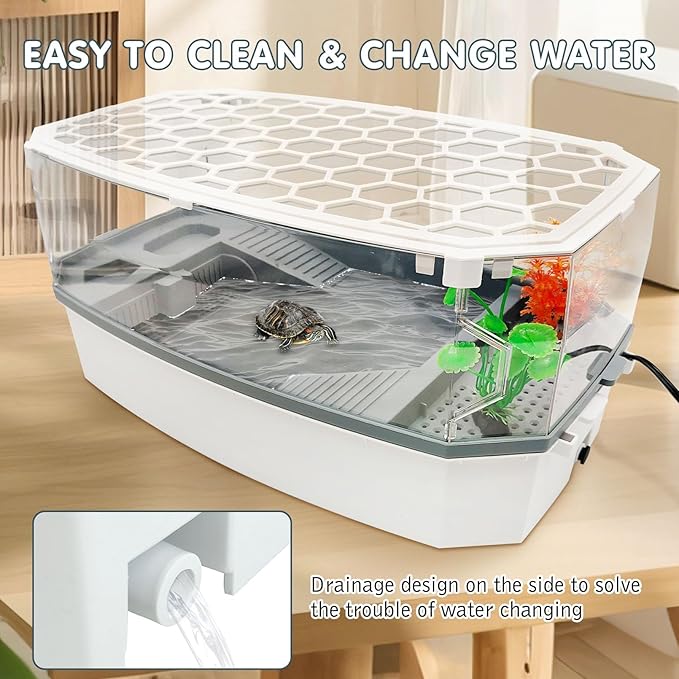Hamiledyi Small Turtle Tank with Lid and Water Pump Acrylic Turtle Aquarium Starter Kit Easy to Change Water Multi-Function Area Reptile Habitat for Turtles Hermit Crabs Crayfish Tortoises (Medium)