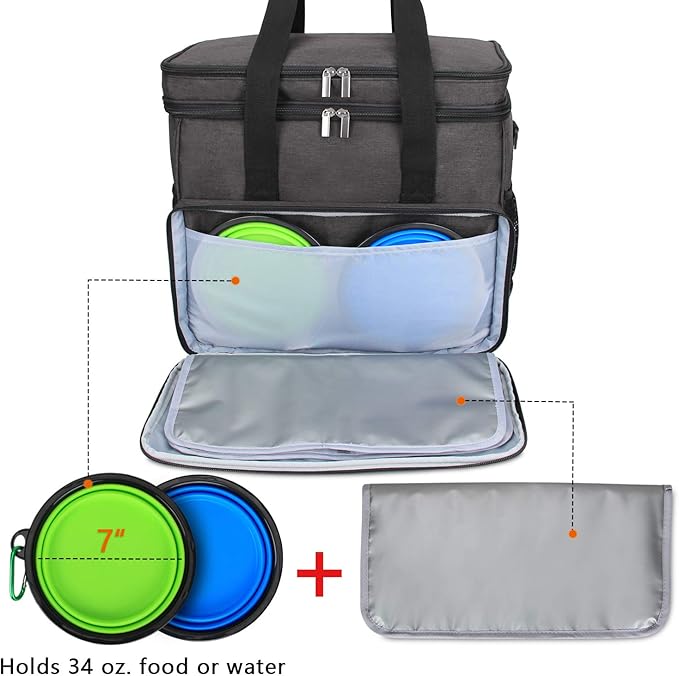 Teamoy Double Layer Dog Travel Bag, Dog Bag for Supplies with 2 Silicone Collapsible Bowls, 2 Food Carriers, 1 Water-Resistant Placemat, Pet Supplies Weekend Tote Organizer (Large, Black)