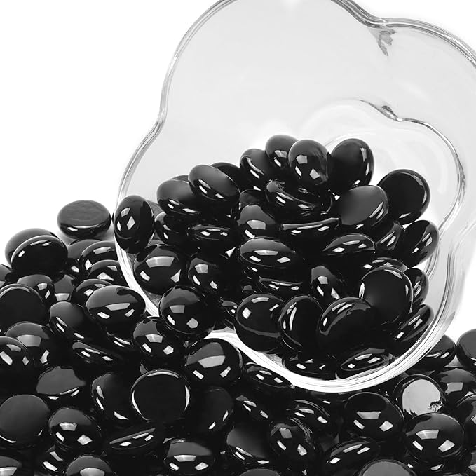 1LB Black Flat Glass Marbles for Vases, Gemstone Beads Vase Filler Decorative Glass Pebbles for Fish Tank, DIY Crafts, Aquarium Decor Rocks