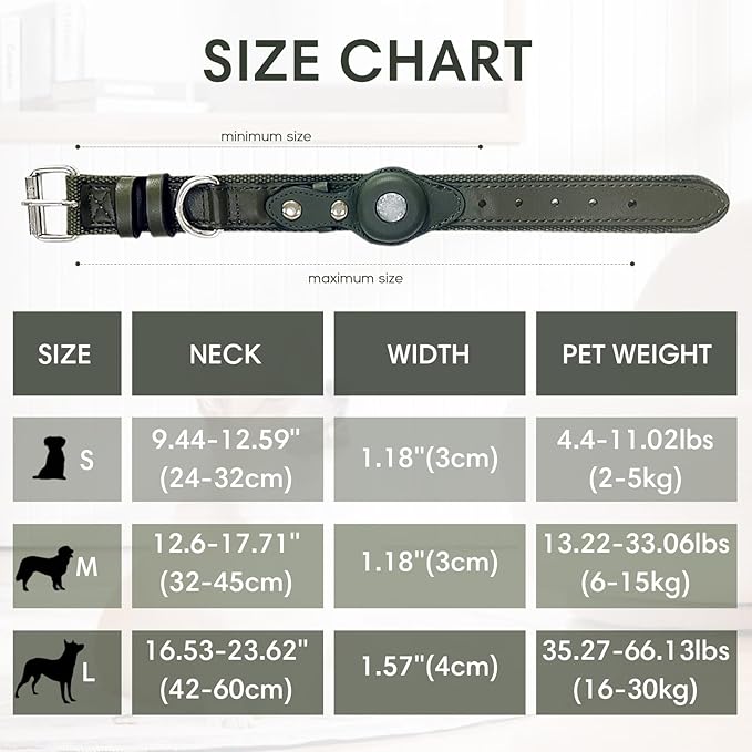 AirTag Dog Collar Soft Leather Webbing Dog Collar for AirTag Provides Double Protection for Small Medium and Large Dogs(Black,L)
