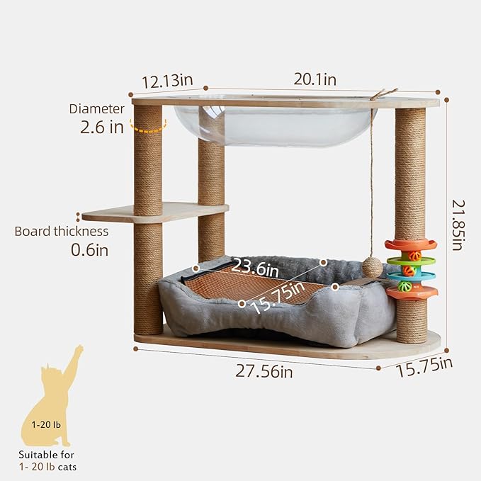 2 Tier Cat Tower,21.85 in cat Perch Wood cat condo with Hammock and Sisal Rope Scratcher Post Hanging Toy Balls for Indoor Large Cats Kittens (Grey)
