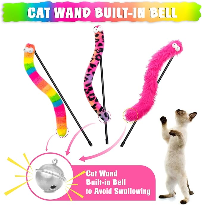 3 Pack Cat Wand Toy, Rainbow Cat Feather Toys with Bells, Teaser Wand with Soft Furry Tail, Interactive Toys for Indoor Cats & Kitten & Kitty
