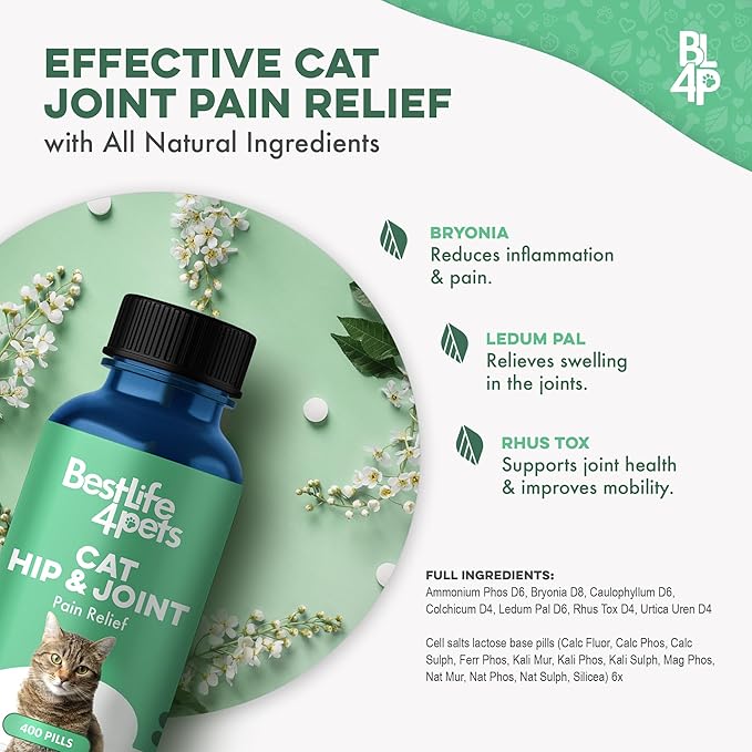 Cat Hip and Joint Pain Relief Supplement, Cat Arthritis Pain Relief, Heal from Sprains, Inflammation and Injuries, Improve Mobility, Natural Easy-to-Swallow, Odorless, Tasteless, 400 Pills