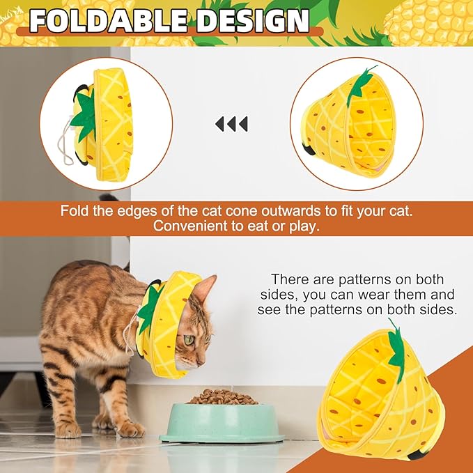 KOOLTAIL Cat Costume Cone Collar Soft, Adjustable Cat Cones to Stop Licking, Foldable Donut Water Resistant Pet Recovery Neck E Collars After Surgery,Elizabethan Collar for All Breeds Cats,Pineapple M