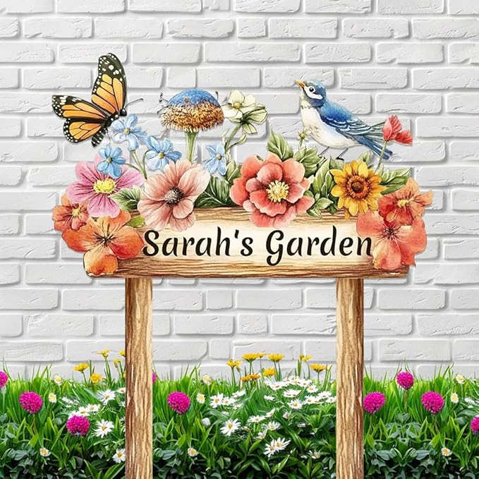 Personalized Colorful Bird Metal Sign with Stake,Custom Gardener Last Name Signs Outdoor Decorate,Customized Garden Accessories Decor for Mom,Butterfly Flowers Plaques for Patio Lawn Porch Backyard