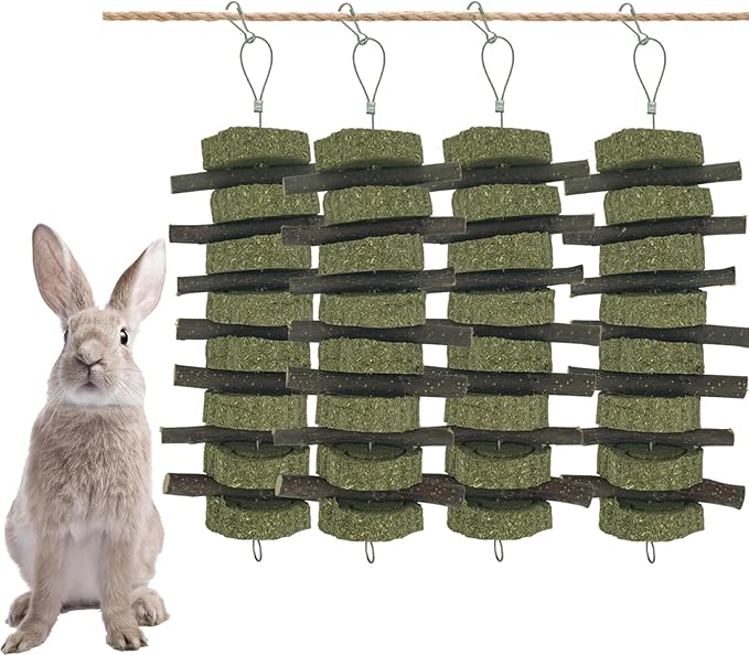 Rabbit Chew Toys for Teeth Grinding Bunny Treats 100% Natural Wood Timothy Grass Treats for Guinea Pigs Chinchillas Hamsters 4pcs