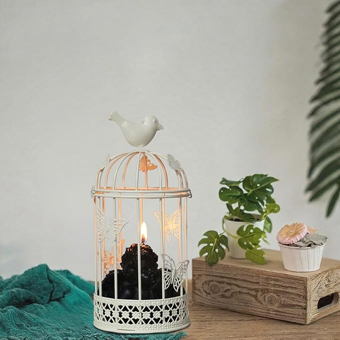 Vintage Decorative Bird Cage，Metal White Bird Cage Decor for Candelabros para Centros De Mesa & Lanterns Decorative Indoor Suitable Wedding Party, Dining Table，Fireplace Metal Lantern&Bird Cage Decor