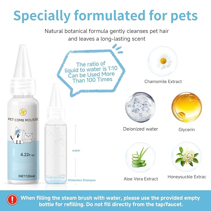Pet Steam Brush for Dog & Cat - 3-in-1 Steam Grooming Brush for Shedding & Hair Removal - Self Cleaning Spray Comb with Mist for Long Haired Pets - Includes 1*Waterless Shampoo, Blue