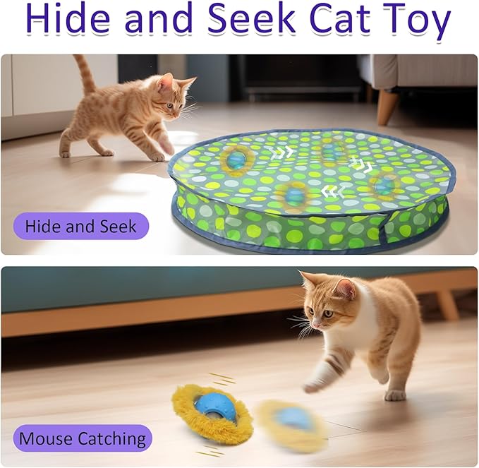 Interactive Cat Toys Ball Fast Rolling in Pouch, Motion Activate Chirping Cat Toy Hide and Seek Mouse Catching Game (Halloween Party)