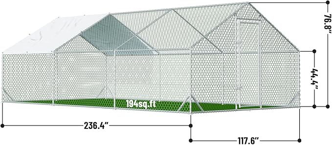 Large Metal Chicken Coop with Run Walk-in Poultry Cage Chicken Runs House Pen Cage Spire Roofed Chicken Coops with Anti-Ultraviolet Cover for Outdoor Yard Farm Use 9.8’L x 19.7’W x 6.4’H