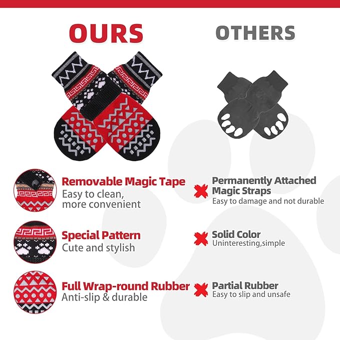 KOOLTAIL Dog Socks to Prevent Licking Paws for Hardwood Floors Anti Slip, Winter Warm Pet Boots&Paw Protector with Grippers, Double Sides Dog Shoes Booties for Small Medium Large Senior Dogs Red S