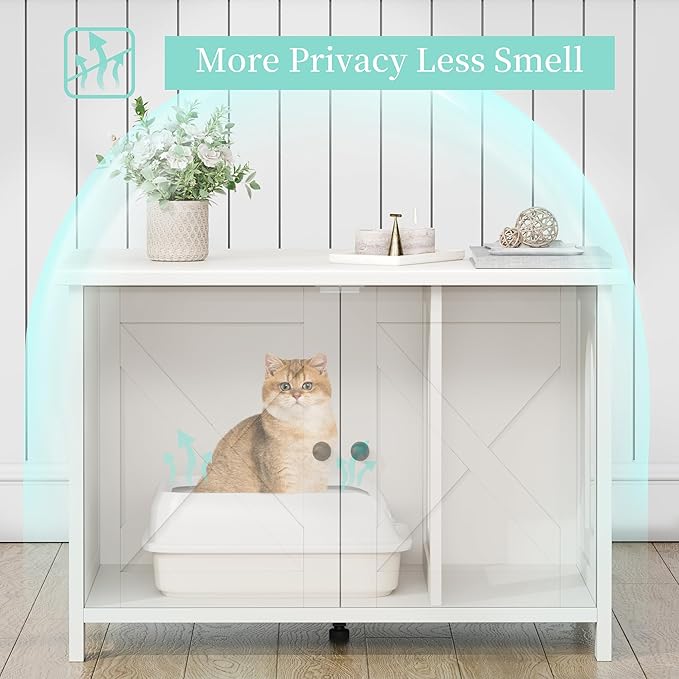 Vongrasig Cat Litter Box Enclosure,Litter Box Furniture Hidden with Barn Door,Wooden Cat Washroom Furniture,Cat House,End Table, Fit Most of Litter Box, White